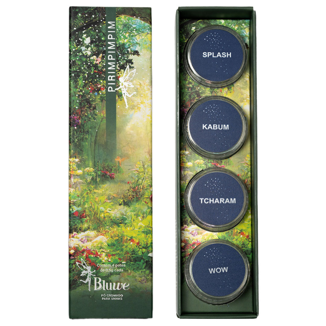 Foto do Kit Pirimpimpim, que contém 4 pós cromados para unha de gel. As cores são Splash, Kabum, Tcharam e Wow