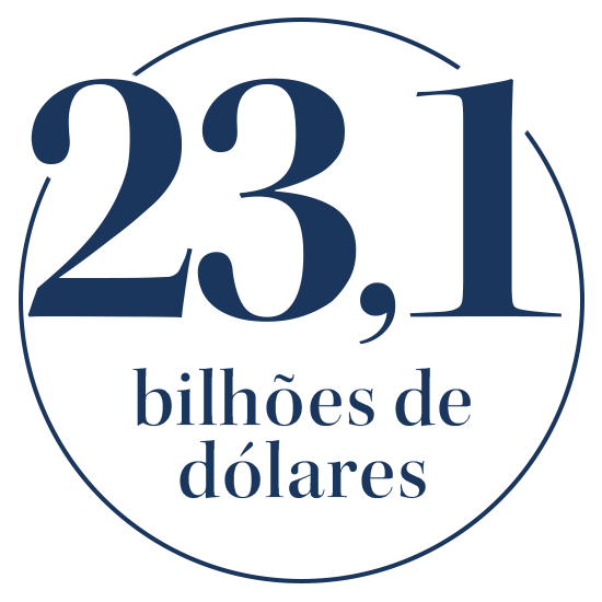 selo azul com o escrito "23,1 bilhões de dólares"