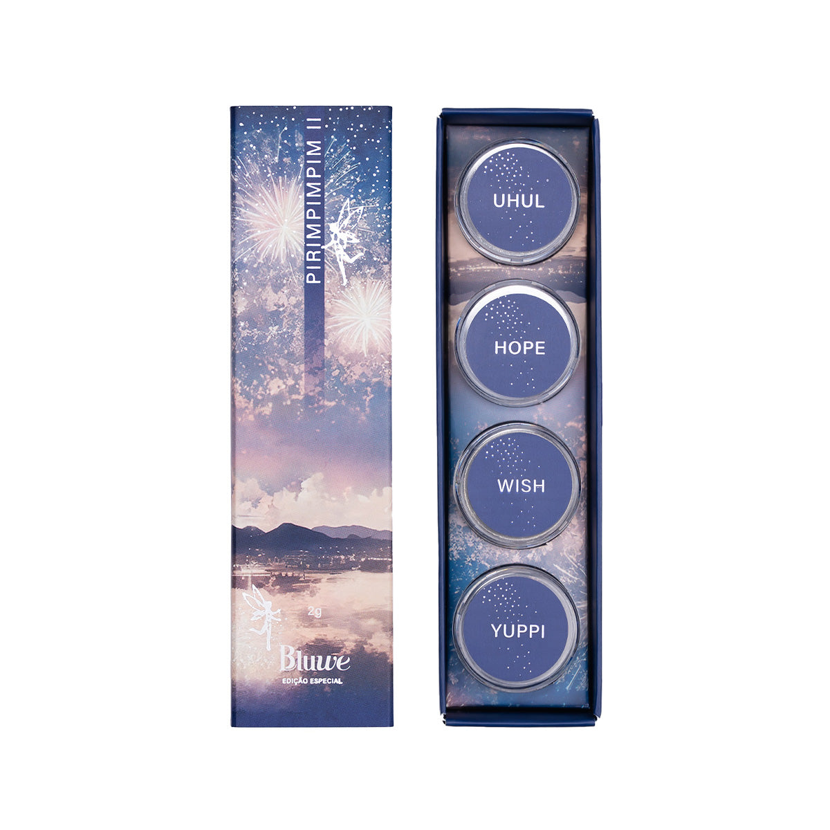 Caixa do Kit Pirimpimpim II aberta com os pós cromados Uhul, Hope, Wish e Yuppi em fundo branco
