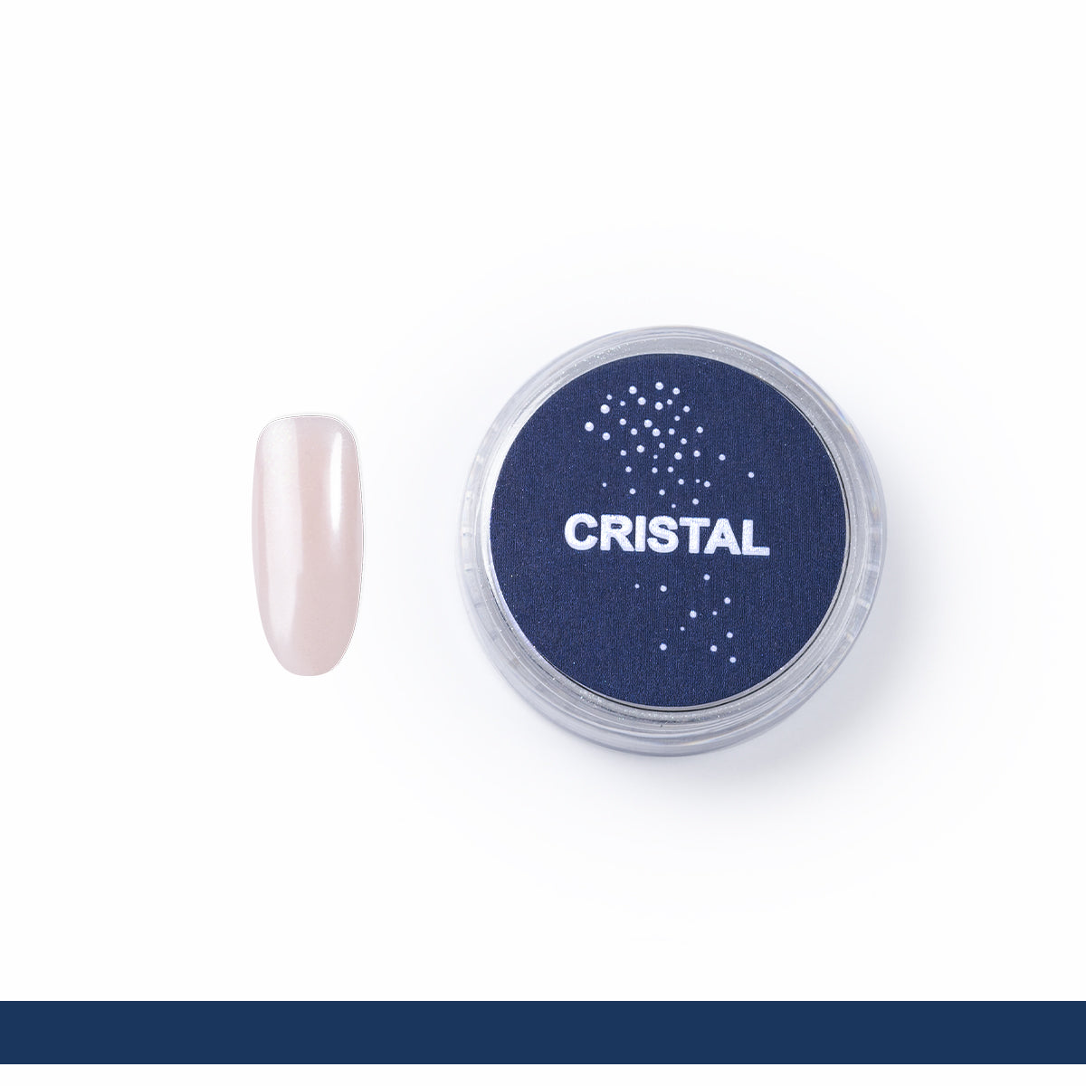 pote do Pó Cromado ShineBlu Cristal em fundo branco e ao lado uma tip de gel com o produto aplicado