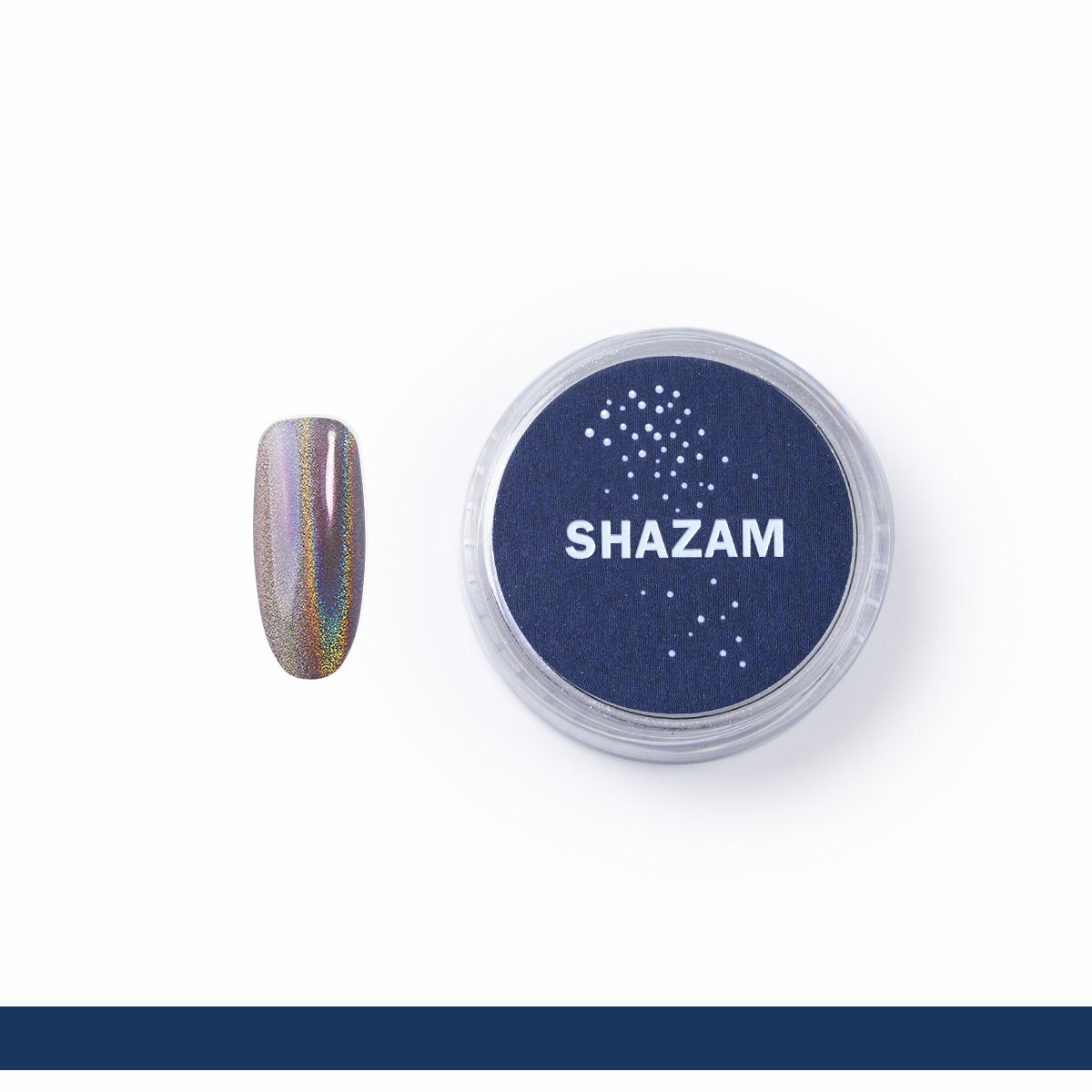 pote do Pó Cromado ShineBlu Shazam exposto em fundo branco e tip de gel ao lado com o produto aplicado
