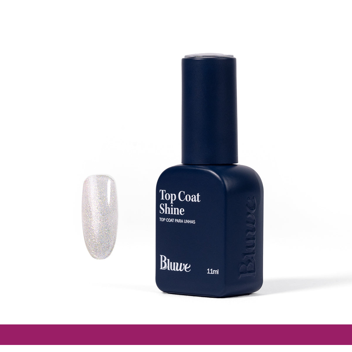 Top Coat Shine da Bluwe ao centro, fundo branco e tip de gel ao lado com o produto.