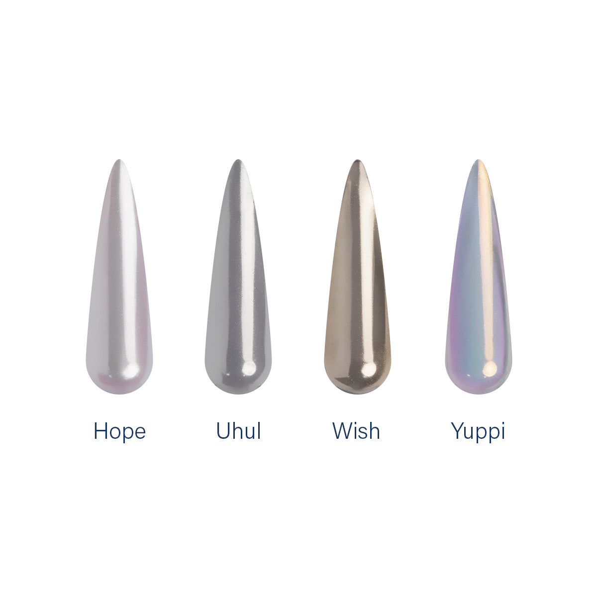 Tips de gel com os pós cromado, Hope, Uhul, Wish e Yuppi aplicados. Todas em fundo branco.
