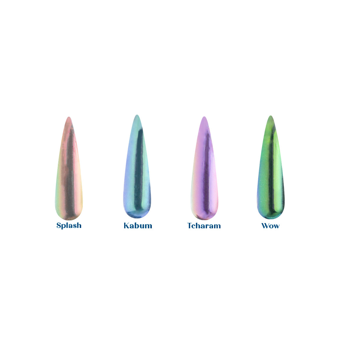 4 formatos de unhas no modelo almond, pintadas com as cores dos pós cromados do kit Pirimpimpim da Bluwe. As cores são nomeadas como Splash, Kabum, Tcharam e Wow, todos são tons metalizados.
Splash: furta cor;
Kabum: azul claro;
Tcharam: rosa;
Wow: verde.