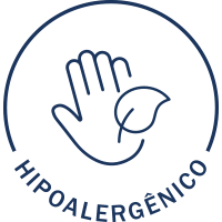 ícone com mão ao fundo, folha na frente e o texto: hipoalergênico