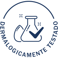 ícone de béquer de laboratório, um sinal de check e o texto: dermatologicamente testado