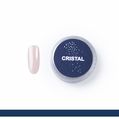 pote do Pó Cromado ShineBlu Cristal em fundo branco e ao lado uma tip de gel com o produto aplicado