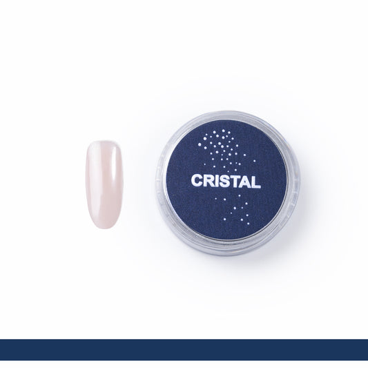 pote do Pó Cromado ShineBlu Cristal em fundo branco e ao lado uma tip de gel com o produto aplicado
