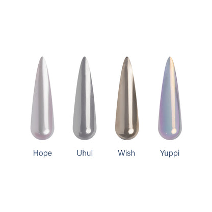 Tips de gel com os pós cromado, Hope, Uhul, Wish e Yuppi aplicados. Todas em fundo branco.